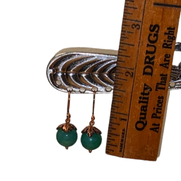 Handmade Round Green Aventurine Gemstone Copper Leaf Dangle Earrings - Picture 4 of 4